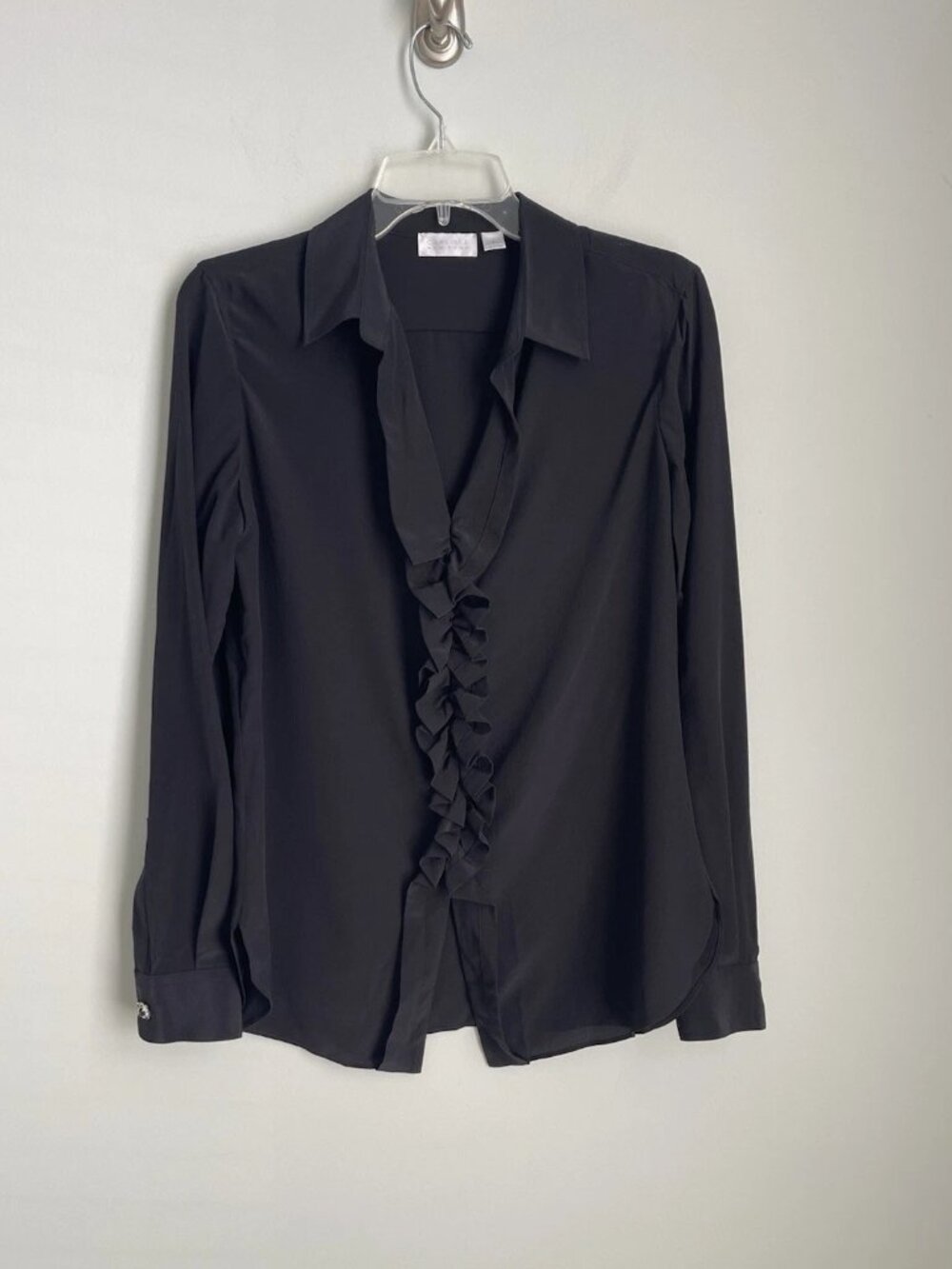 Carlisle New York Black 100% Silk Long Sleeve Ruffle Blouse Gem Stone Cuff